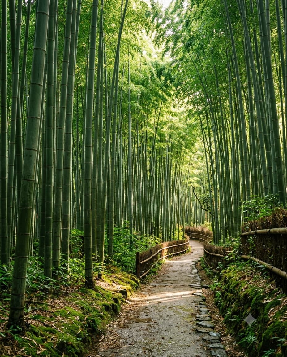 Tall bamboo grove path in Arashiyama, Kyoto