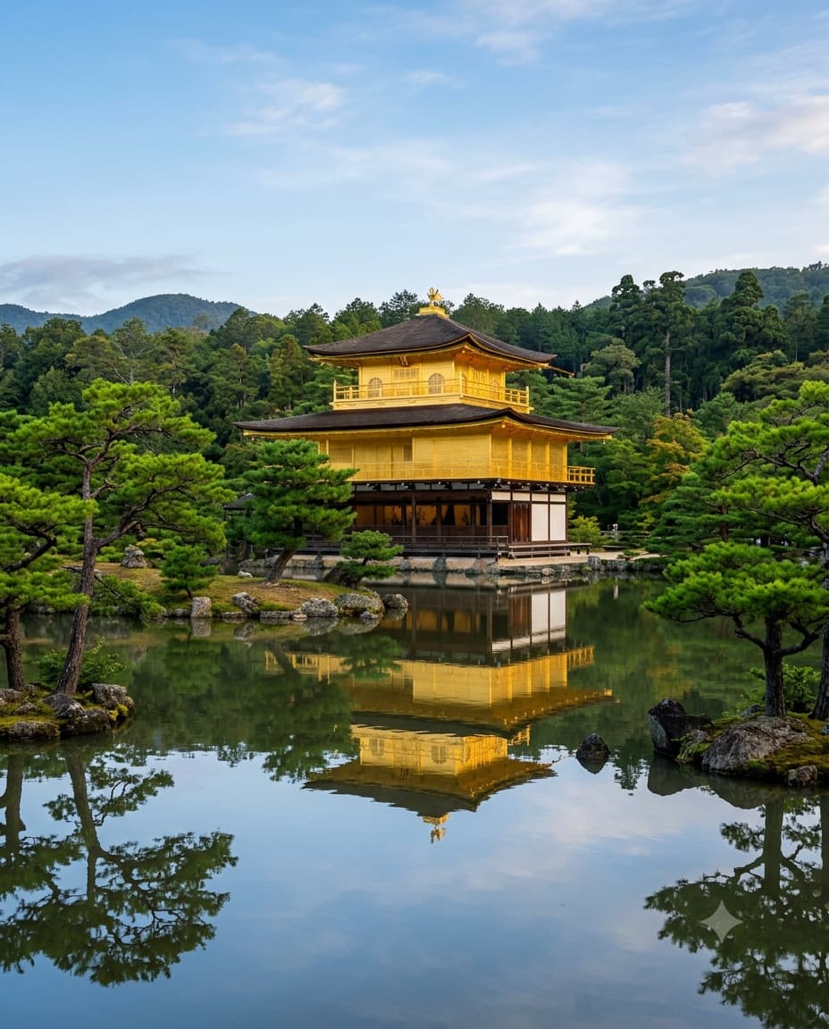 The Golden Pavilion (Kinkaku-ji) reflected in its pond, Kyoto