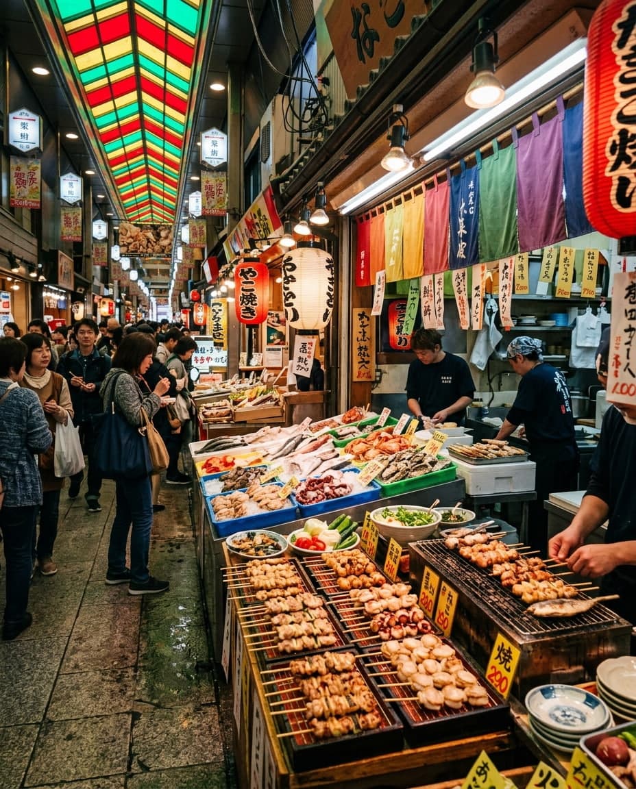 Stalls and street food at Nishiki Market, Kyoto