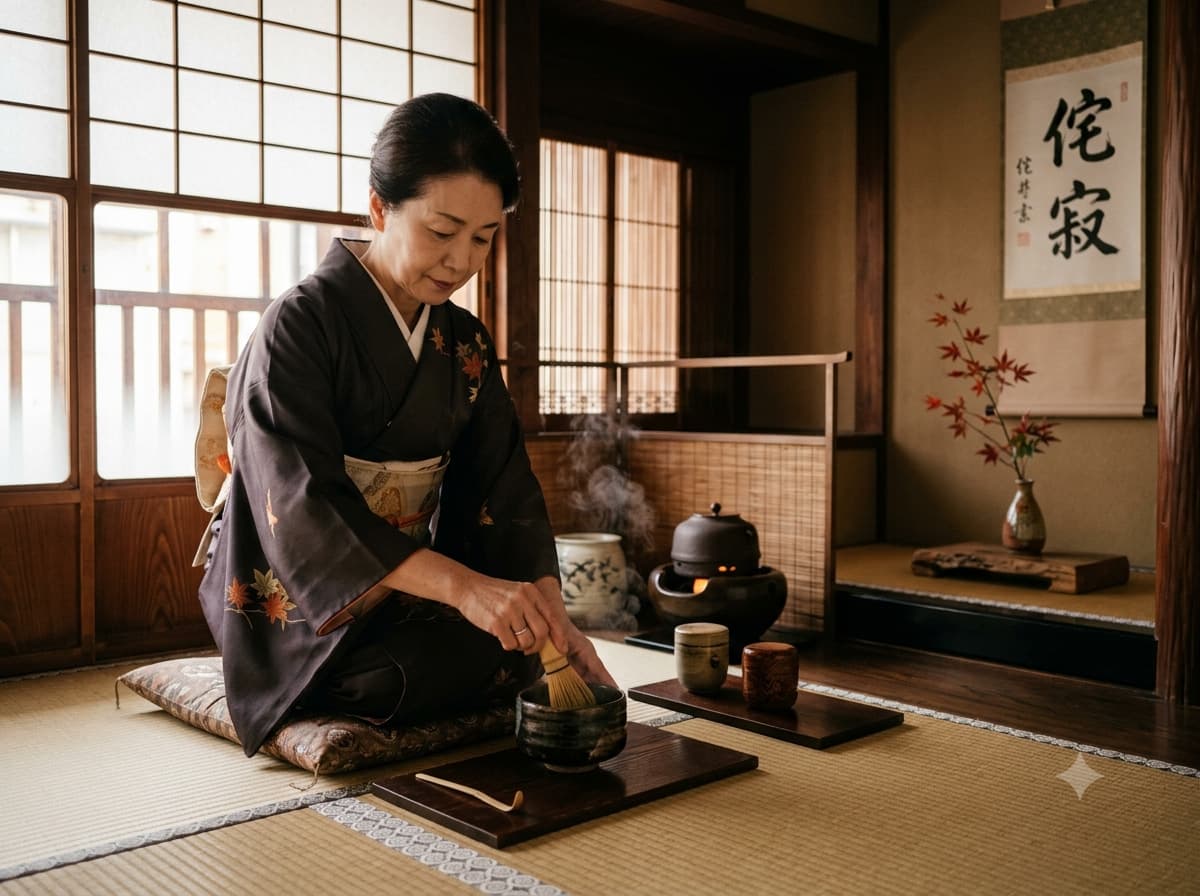 Tea ceremony in a Kyoto machiya — whisking matcha
